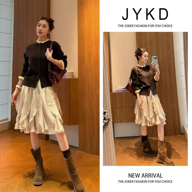 慵懒风松弛感气质时尚百搭咖色针织衫独特漂亮杏色半身裙早秋套装