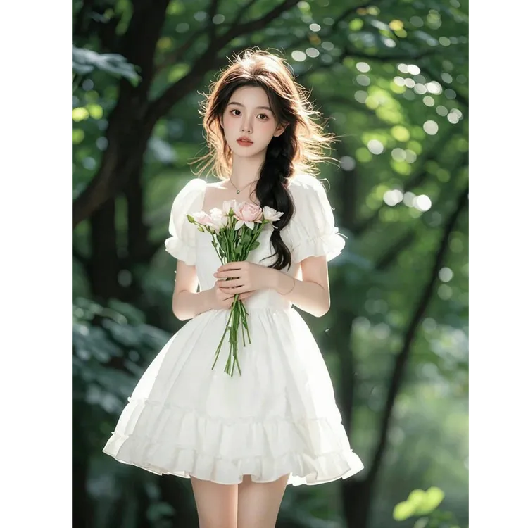 法式温柔风泡泡袖连衣裙女春夏新款不规则荷叶边漂亮独特气质短裙