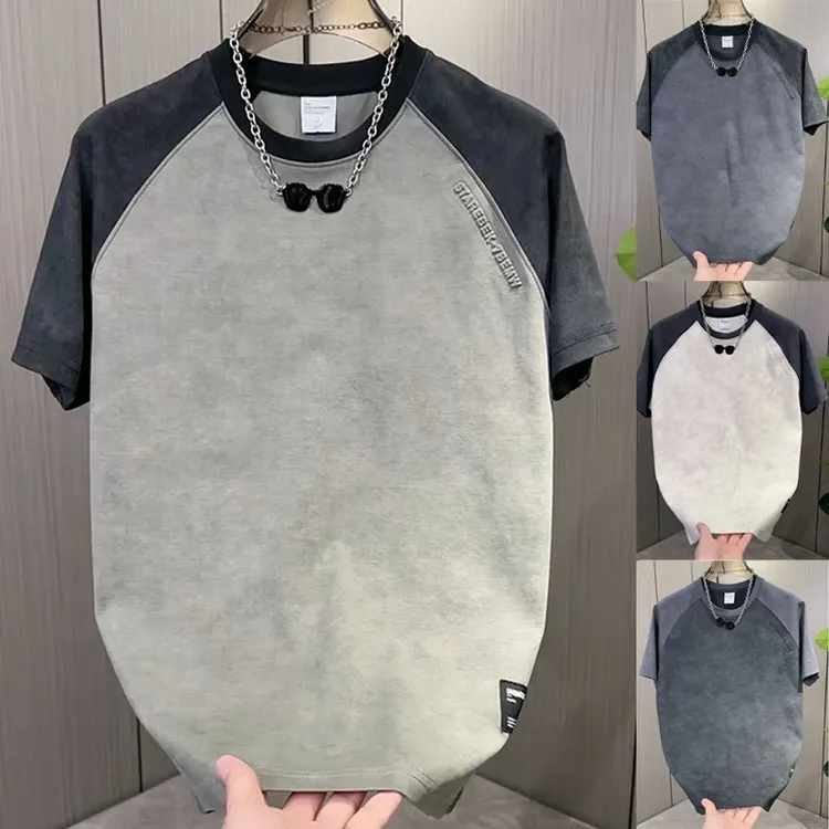 2025夏季男休闲晕染插肩字母刺绣拼接短袖韩版撞色潮流半袖T恤