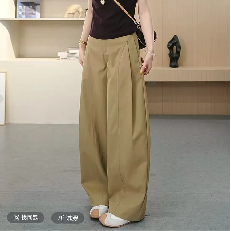 贝斯裤~潮流侧压褶阔腿裤~秋季新款宽松阔腿裤时尚女裤子