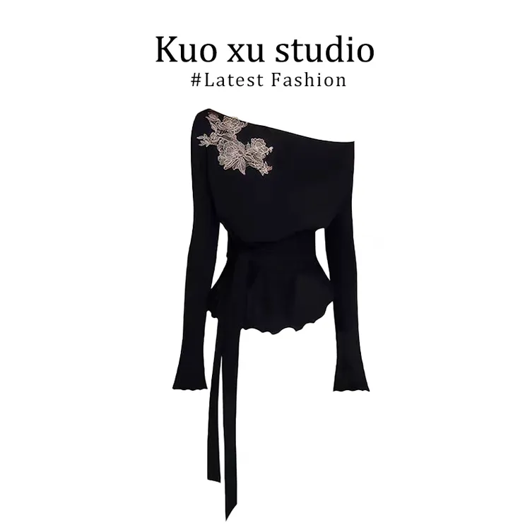 法式高级感重工刺绣斜肩长袖收腰绑带上衣秋季新款气质百搭半身裙