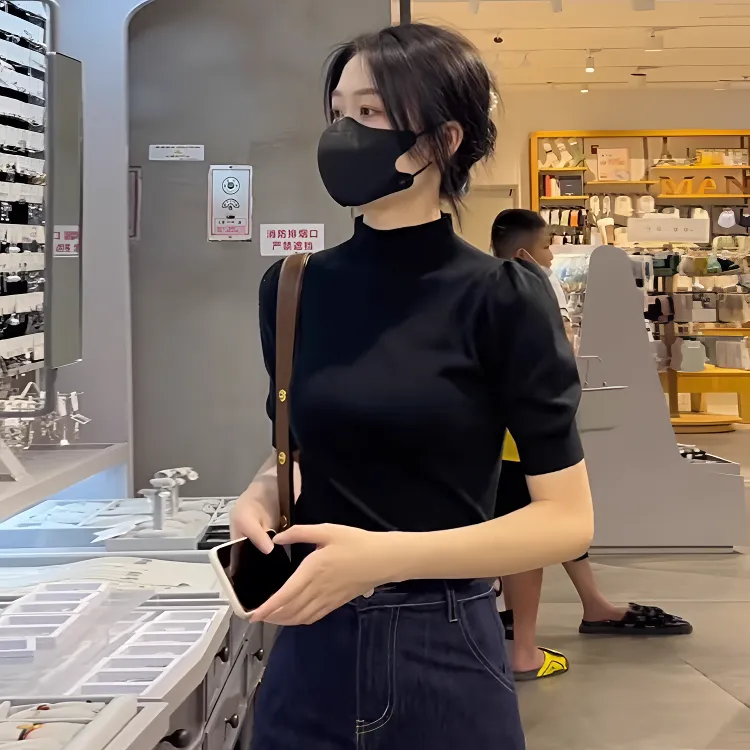 半高领打底衫女春秋内搭修身泡泡袖上衣洋气2025新款轻熟风针织衫