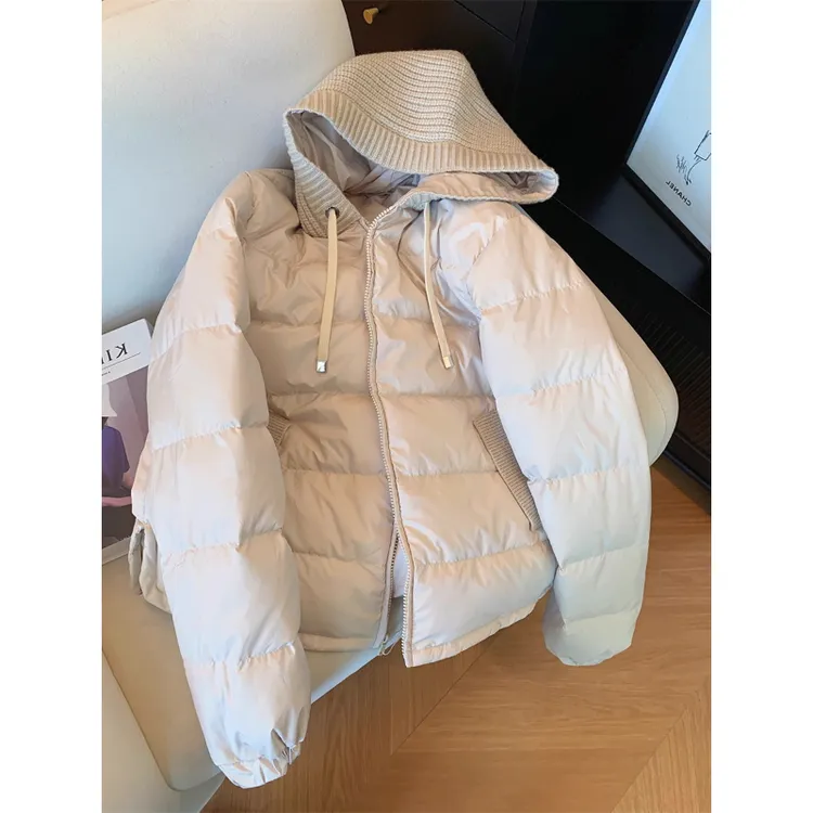 设计感独特别致针织拼接连帽棉服女秋冬法式气质百搭拉链棉衣外套