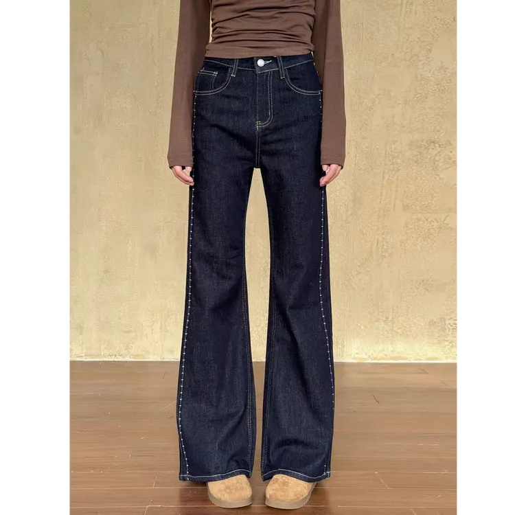 大码加绒加厚不贴腿微喇牛仔裤女高腰弹力显瘦宽松喇叭裤