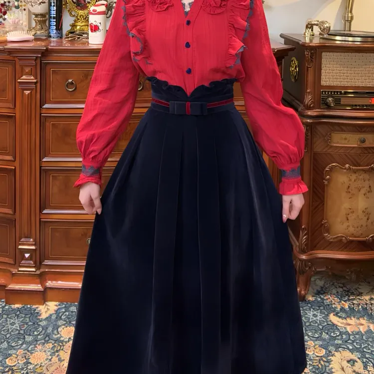 现货【一生罗曼】法式复古设计感裙子秋冬款休闲显瘦A字半身裙B1268