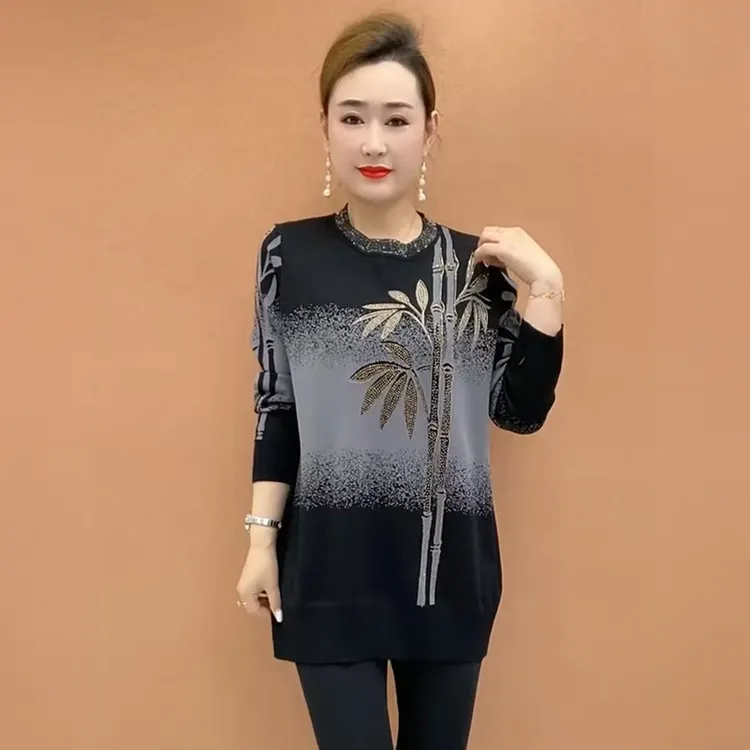 1603中长款妈妈新款洋气圆领针织衫宽松长袖打底衫上衣遮肉大版衫