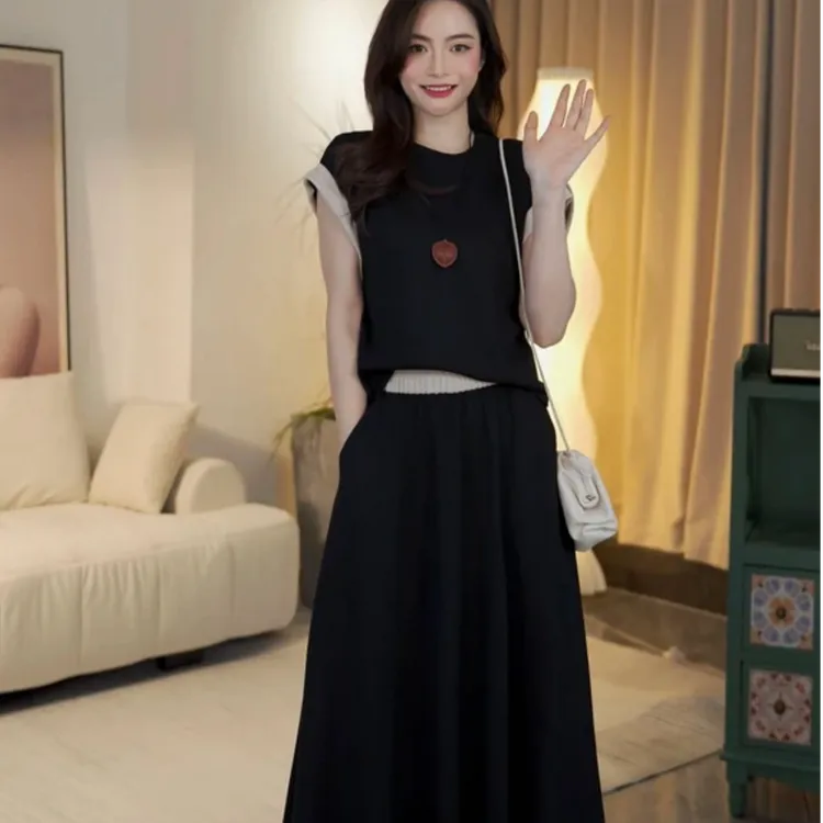 2025夏季新款撞色飞袖套装遮肉显瘦气质垂感高腰大摆长裙+短袖T恤