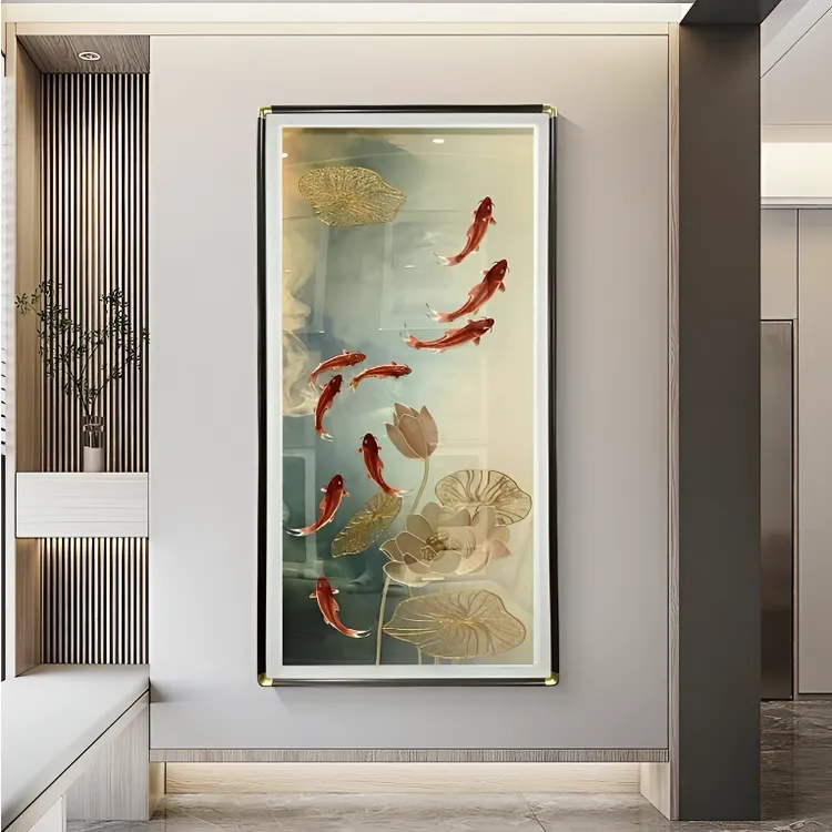苏绣荷花九鱼图竖版挂画用于进门玄关走廊过道装饰