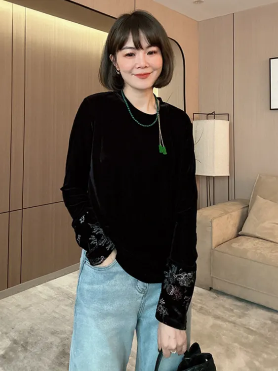 大码新中式国风圆领黑色丝绒t恤女秋季新款胖mm显瘦宽松打底上衣