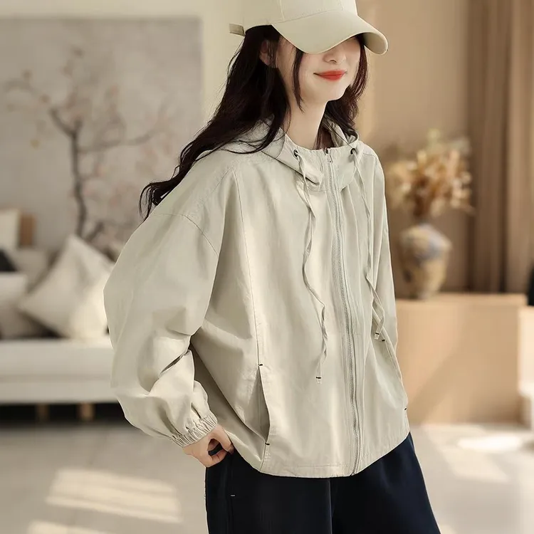 2025秋季新款复古休闲潮流连帽风衣外套女宽松时尚抽绳拉链夹克女