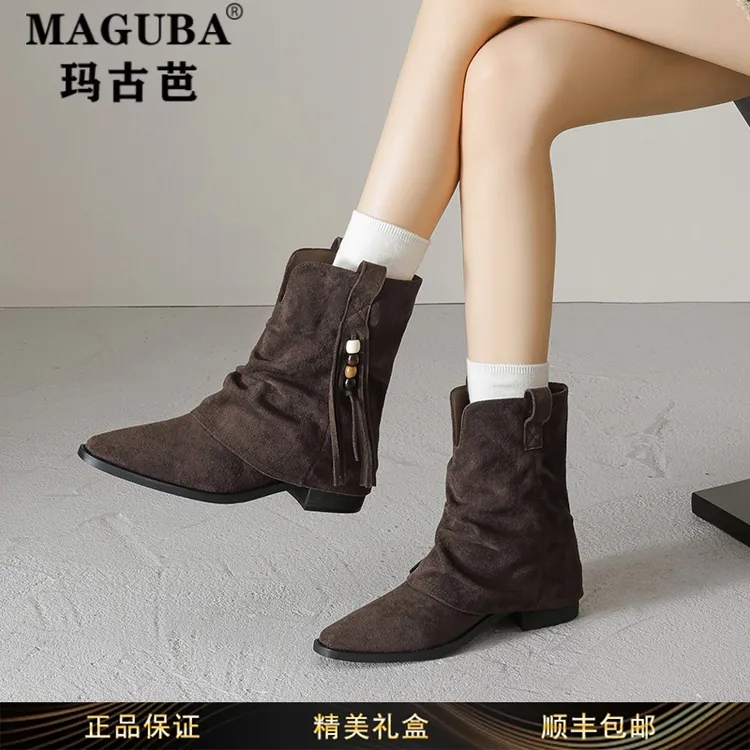 玛古芭女鞋新款尖头短筒粗跟马丁靴女秋季时尚百搭流苏堆堆短靴女