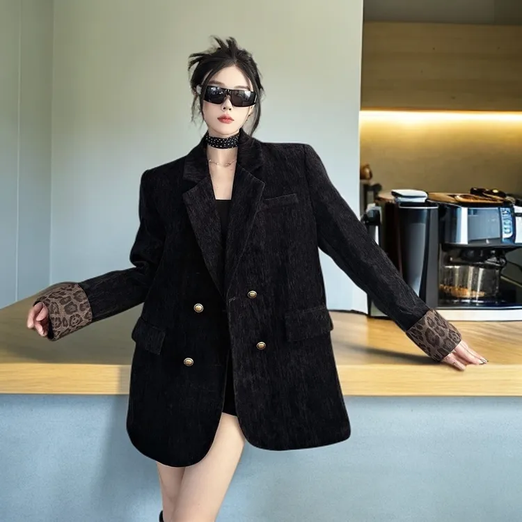 小个子休闲韩版黑色西装女外套高级感雪尼尔拼接豹纹洋气秋冬西装