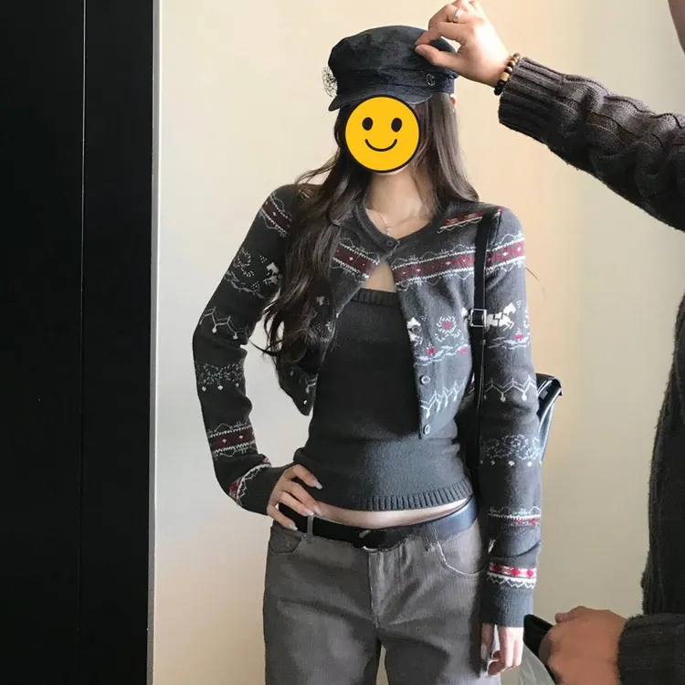 冬季新款针织提花百搭气质上衣吊带两件套女上衣LK1230221