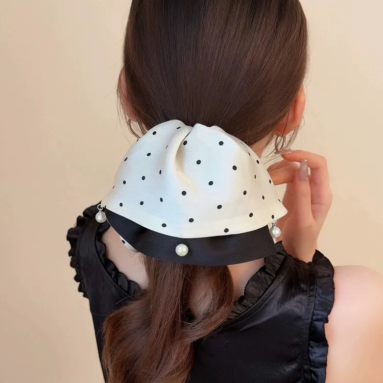 轻奢缎面波点马尾抓夹女2025年新款高端后脑勺夹子头饰发卡鲨鱼夹