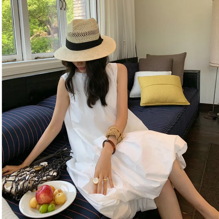 2025夏季新款时尚连衣裙白色无袖花苞裙背心女法式高级感宽松长裙