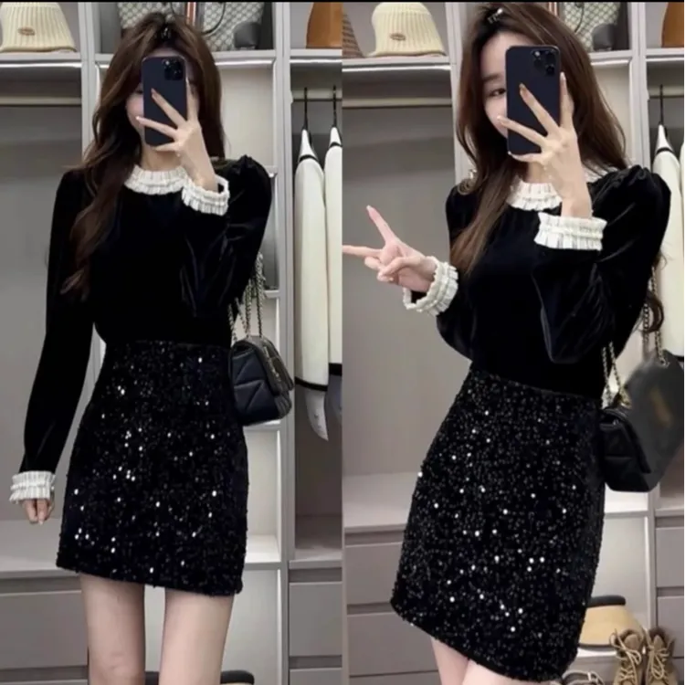 法式气质时尚显瘦小众洋气打底女小香风亮片包臀半身A字短裙套装