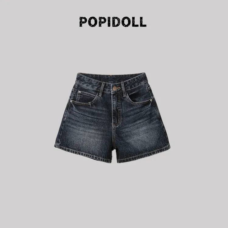 POP.黑金-260G气质高腰黑蓝洗水高级A字版牛仔短裤/中裤女夏