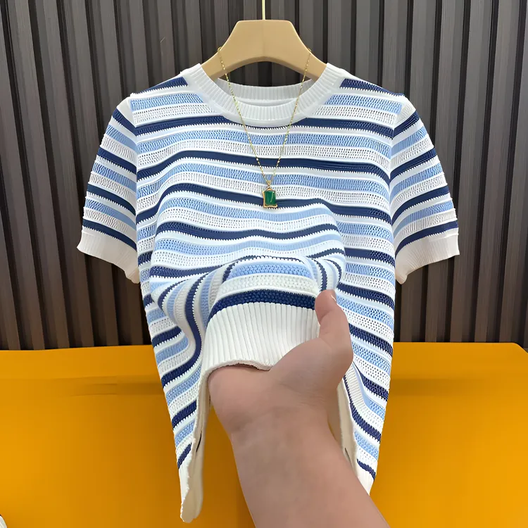 【莱赛尔天丝】~新款重工圆领镂空条纹针织短袖女宽松休闲打底衫2