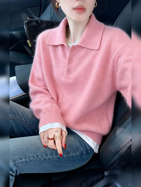 软糯糯粉色翻领针织衫秋冬高级感马海毛宽松慵懒套头毛衣长袖上衣