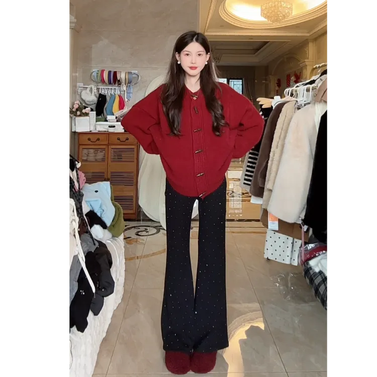 孕妇裤2025年新款冬季时尚宽松垂感亮闪重工烫钻阔腿裤子微喇裤