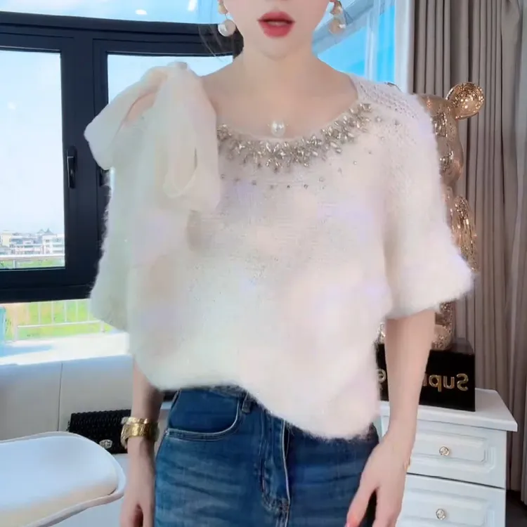 法式蝴蝶结露肩长袖针织衫2025秋冬新款重工镶钻百搭显瘦上衣6088