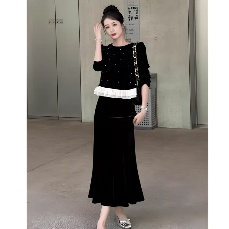 一整套早春穿搭小香风黑色拼接丝绒上衣半身裙盐系轻熟套装1021#