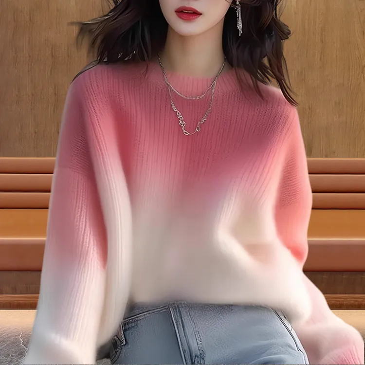 2025早秋季穿搭韩系高级感上衣多巴胺粉白色渐变针织软糯毛衣女