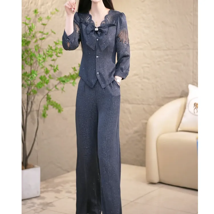 高级金丝缎时尚气质镂空刺绣俩件套2025春夏新款上衣裤子修身套装