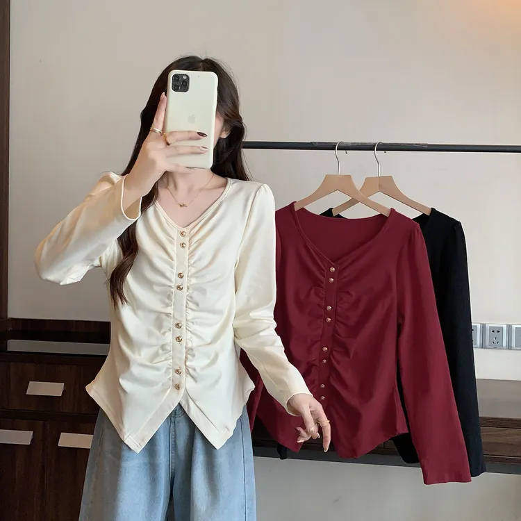 大码女装2025年秋季设计感小众V领褶皱T恤显瘦减龄长袖上衣63616