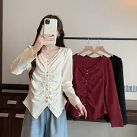 【涵胖胖】2025秋季设计感小众V领褶皱T恤显瘦减龄长袖上衣63616【B】