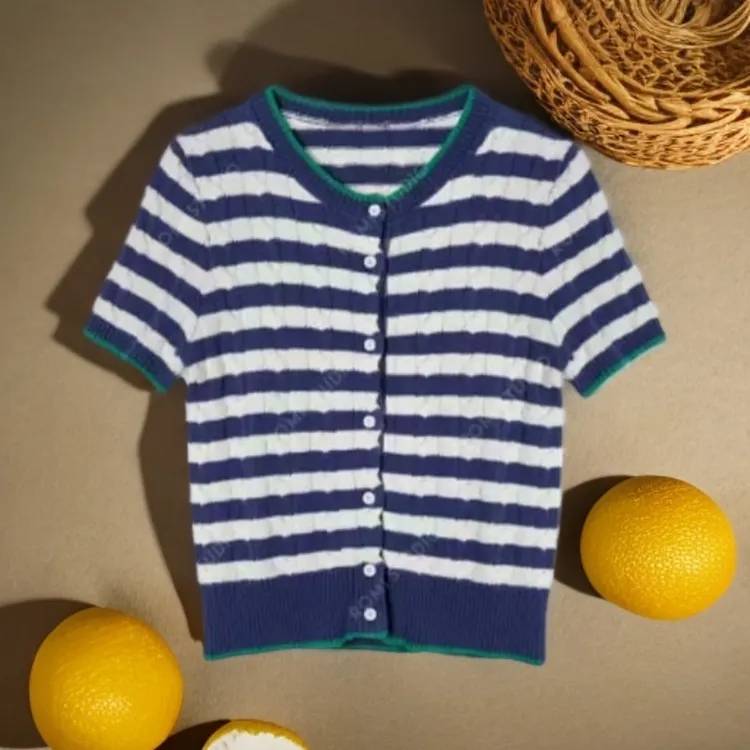 25款显瘦高腰时尚百搭休闲减龄棉絞花撞色短袖女款爆款2025新款