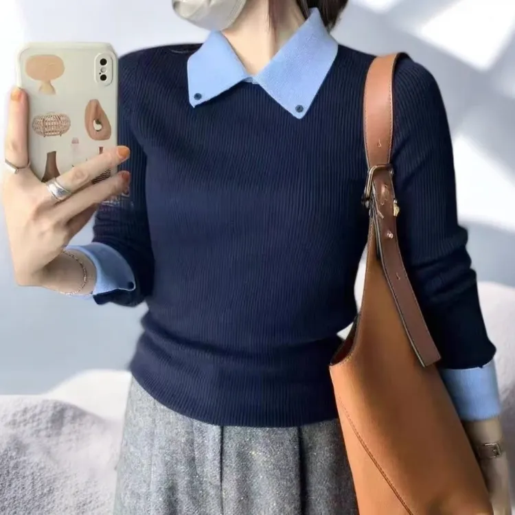拼色女长袖秋季拼接针织毛针织衫衬衫藏青色小众炸街高级感女装