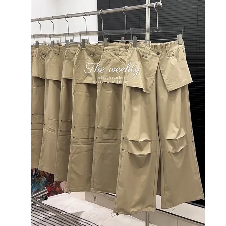 欧货2025夏季个性工装裤女高腰休闲风口袋休闲裤卡其色失序混搭风