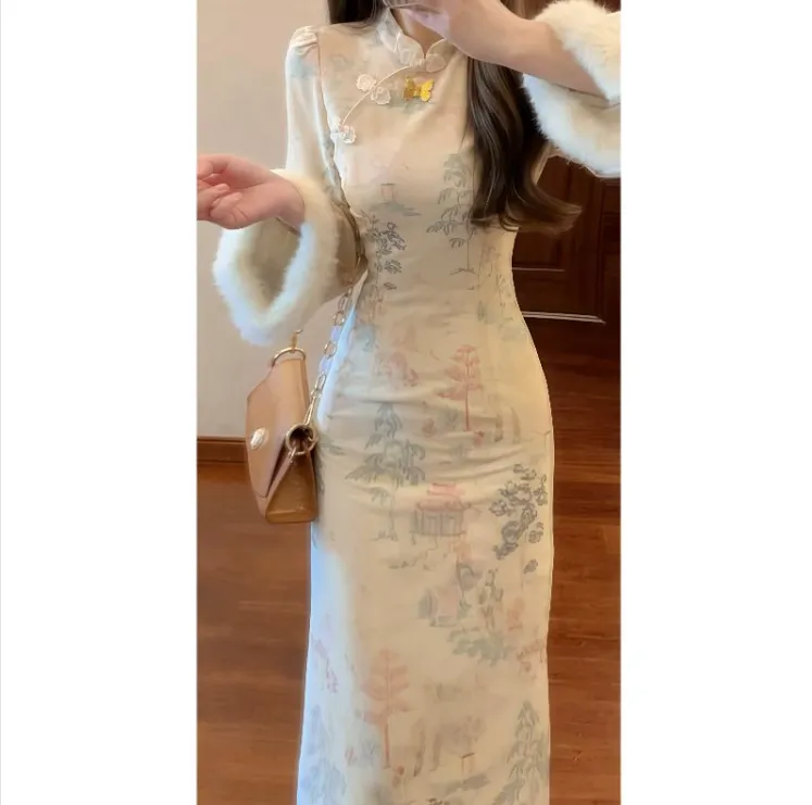 【C56】加绒新中式国风立领改良版旗袍2025年秋冬季新款连衣裙女
