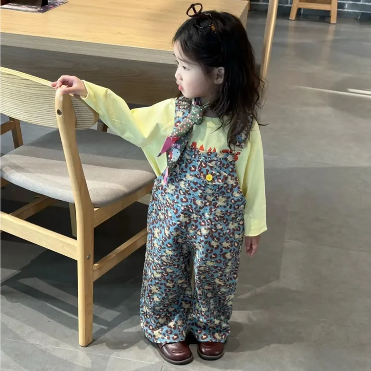 壹妈韩版童装女童秋季套装洋气儿童黄色t恤打底衫上衣豹纹背带裤