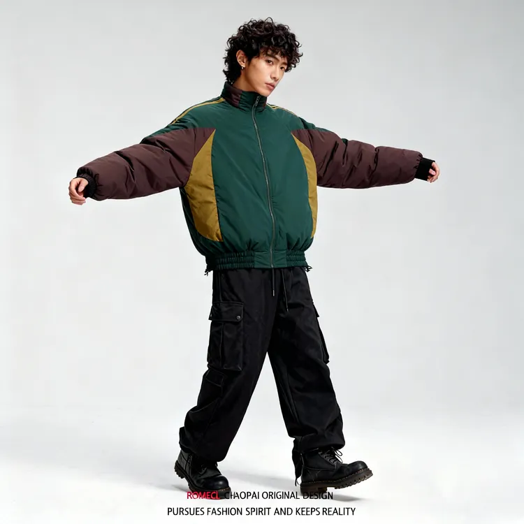 美式复古宽松运动个性潮流拼接撞色加厚加绒立领棉衣外套韩版棉服