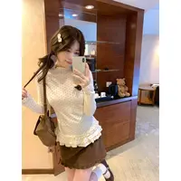 半高领波点长袖打底衫女秋季新款修身显瘦木耳边T恤上衣C 9567#