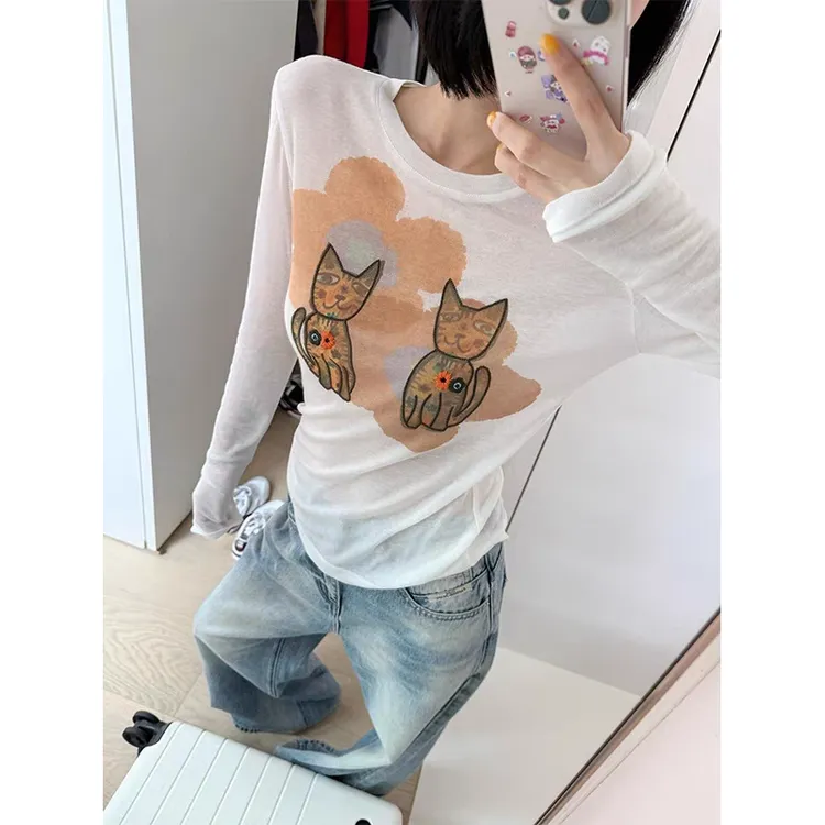 B 门店34&9！喵趣T恤」真丝般肤感清爽透气印花长袖打底上衣D40166