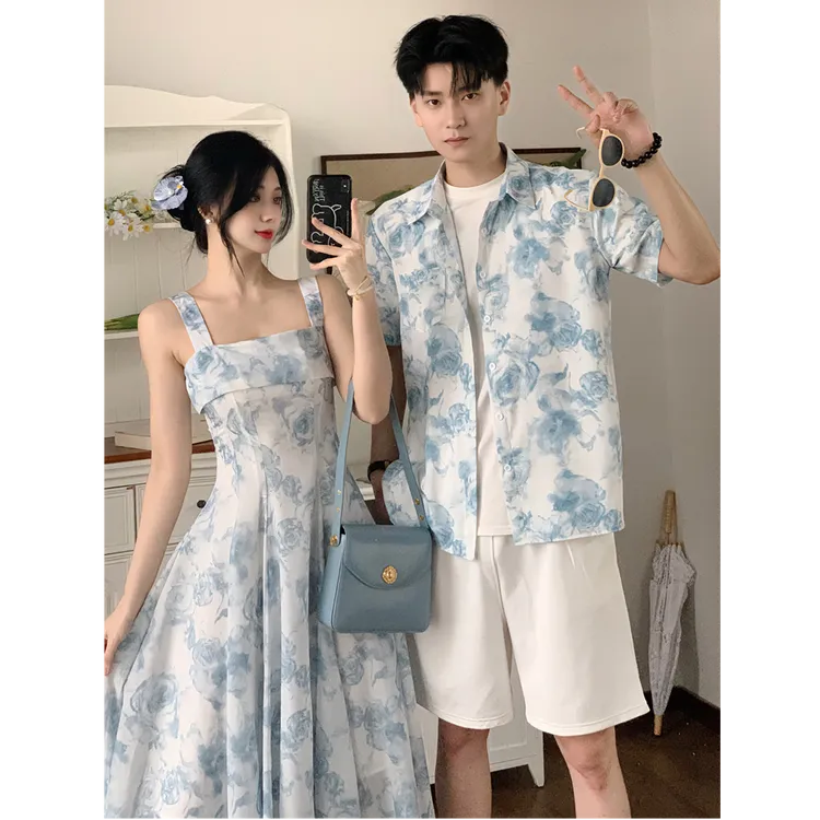 情侣装夏季法式碎花浅蓝色吊带女连衣裙超仙沙滩裙男上衣短袖潮流
