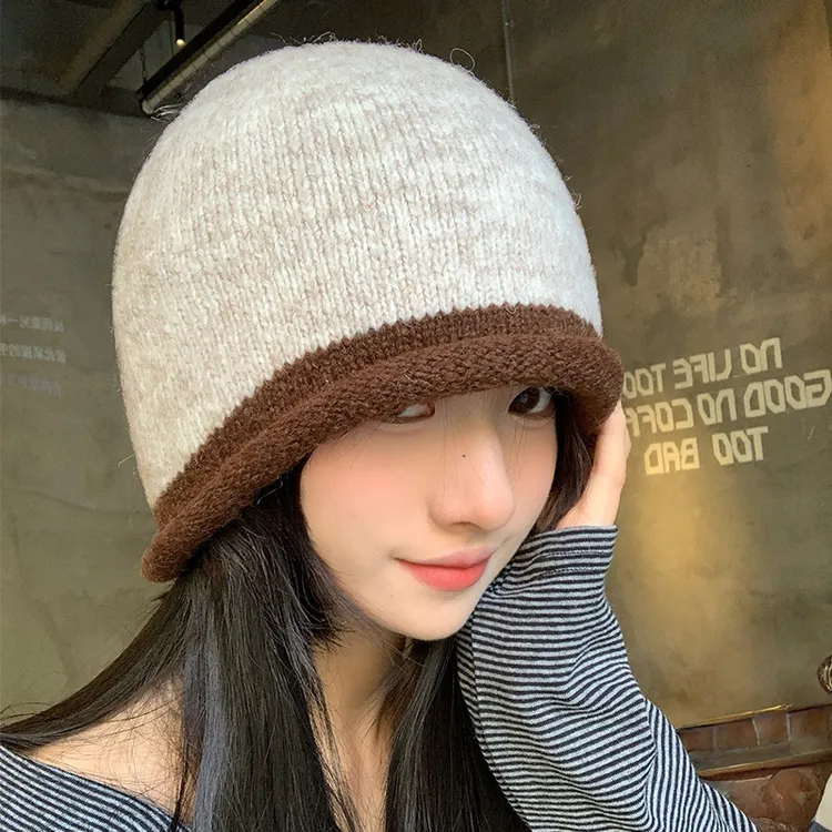 卷边针织包头帽女秋冬季韩版百搭显脸小毛线帽大头围保暖堆堆帽子
