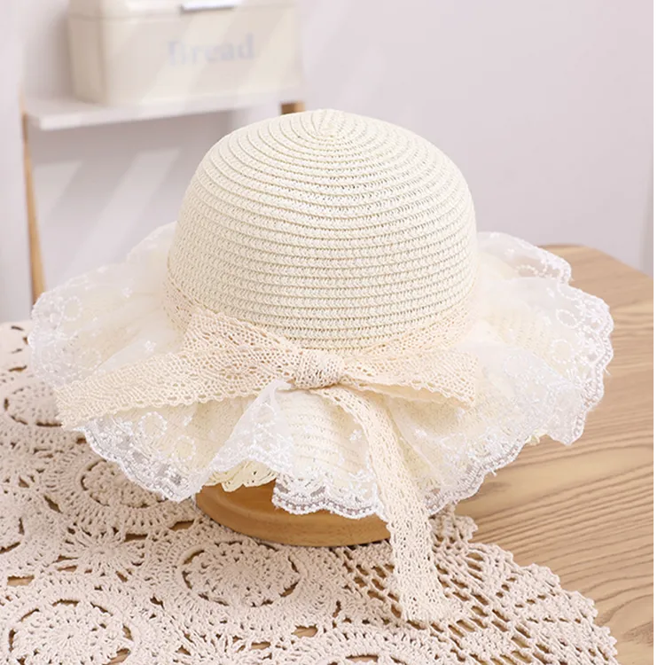 女童大檐甜美公主风夏季圆顶女帽子遮阳帽蕾丝童帽防晒帽