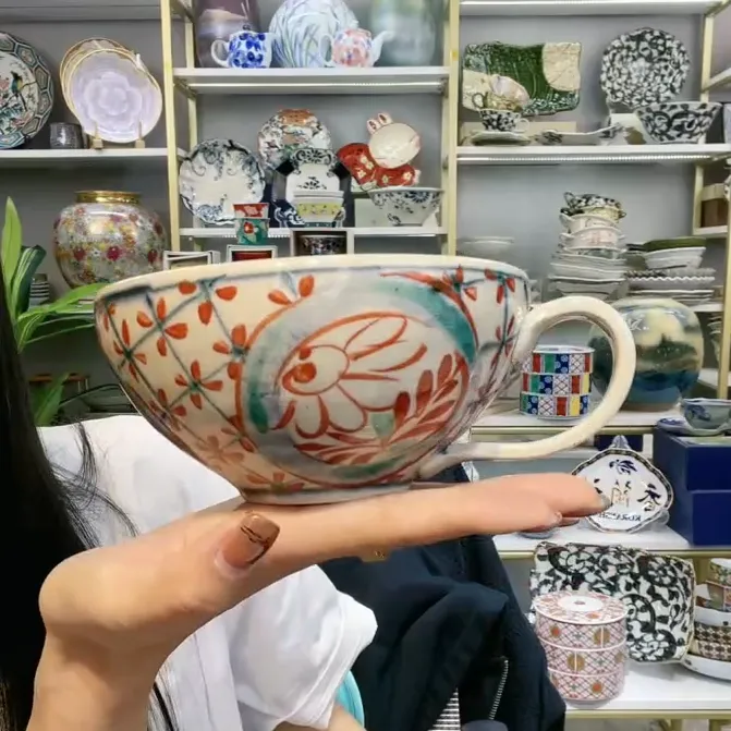 【单支】日本进口宗山家手绘陶瓷矮款早餐杯400ml-赤绘间取花