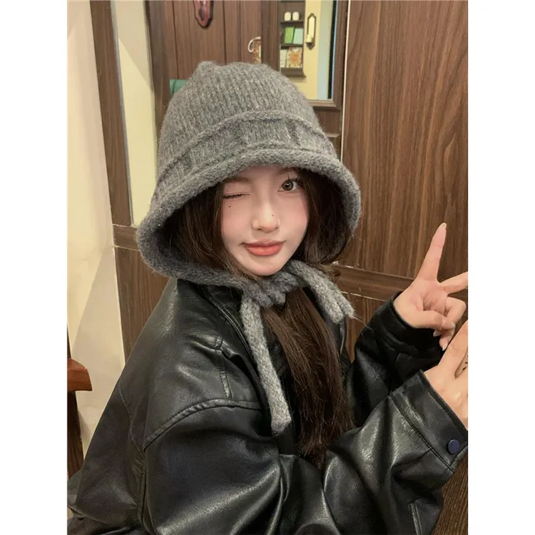 显脸小绑带针织帽女秋冬季大头围纯色毛线帽韩版保暖护耳包头帽子