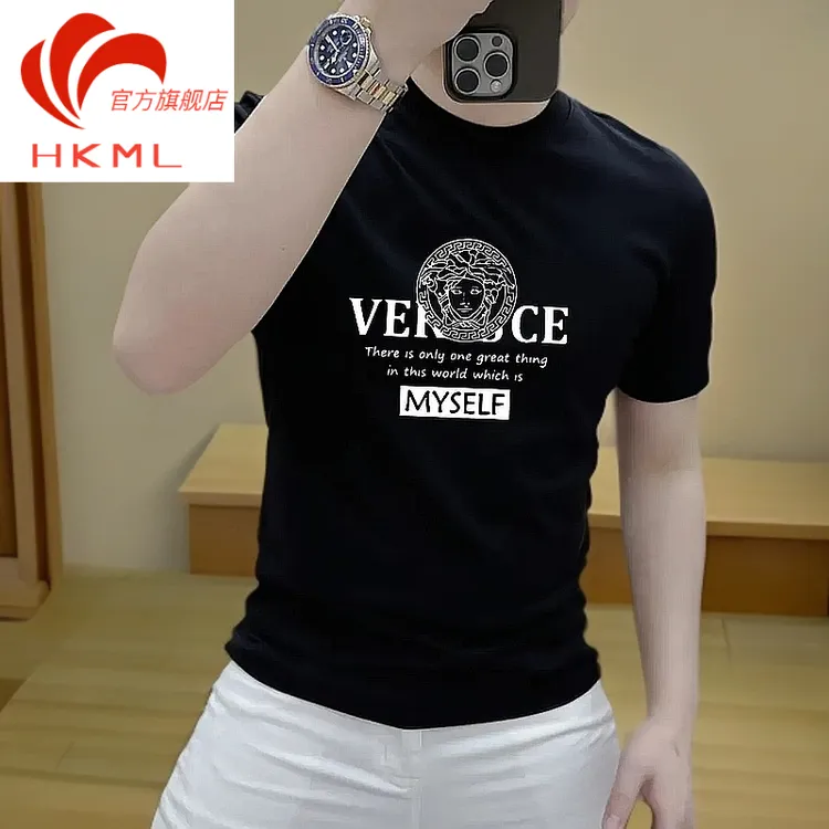 潮牌新款纯棉短袖T恤男士微修身休闲时尚半截袖圆领潮流印花上衣