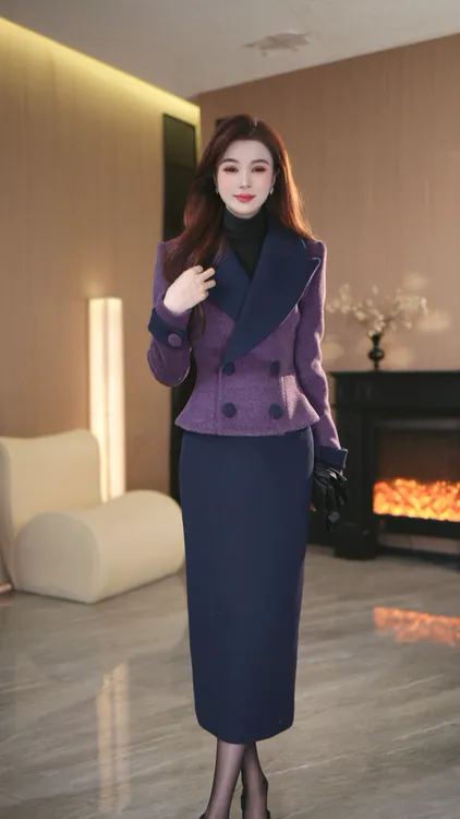 罗曼定制 高定原创紫色收腰时尚上衣+包臀半身裙套装女冬季新款