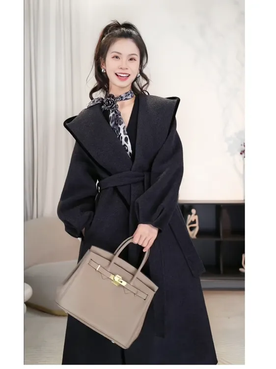 【冬日之约】新款长款双面羊毛时髦感轻奢连帽浴袍款大衣5578外套