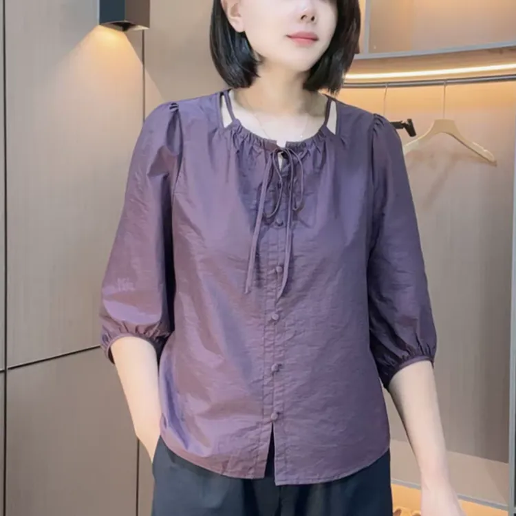 中年妈妈装夏季新款洋气休闲高档衬衫宽松遮肉韩版圆领系带上衣