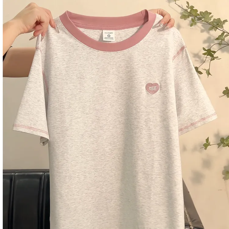 小个子圆领撞色减龄爱心刺绣短袖t恤女夏季2025新款小清新上衣潮