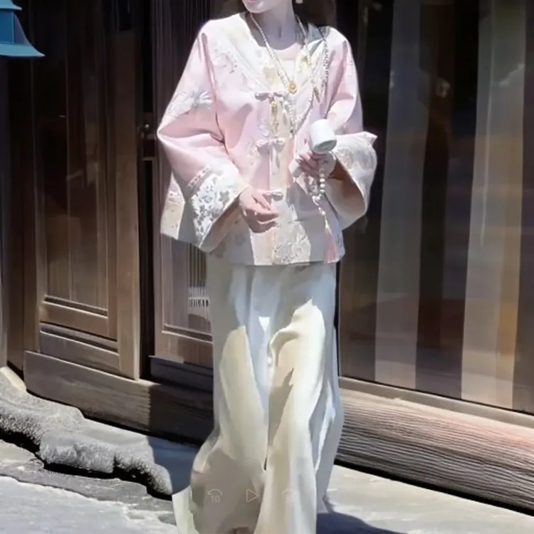 【金玉满堂】两件套新中式刺绣粉色外套女款早秋独特上衣半裙25105
