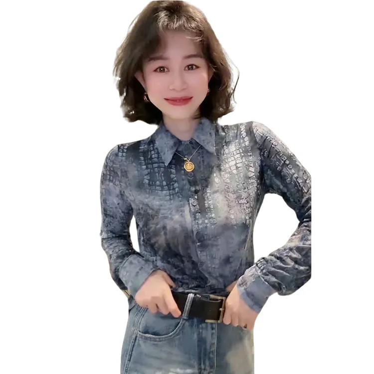 欧货复古蓝色晕染植绒长袖衬衫女修身洋气显瘦轻奢高级设计感上衣
